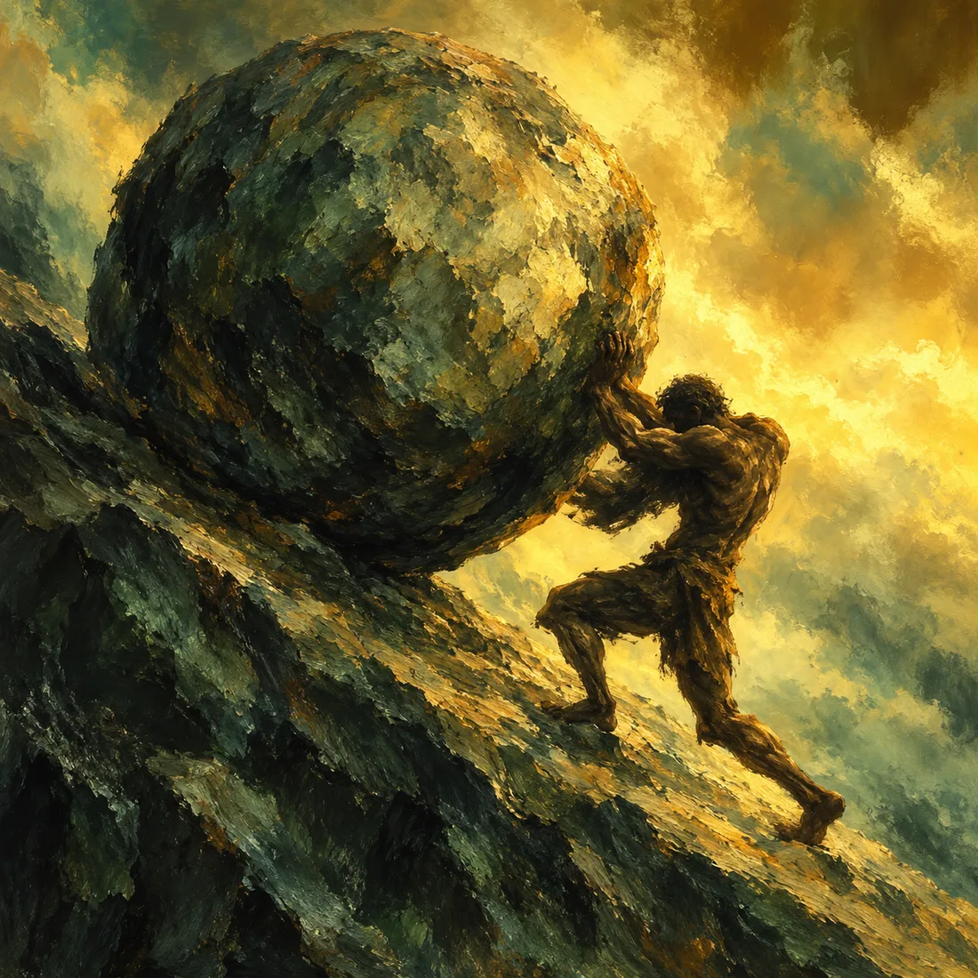 Painting of Sisyphus pushing a vast golden boulder up a dark mountain slope beneath a burning gold sky.